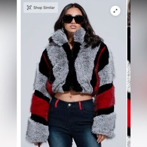 Shopakira Gray and Red Faux Fur Jacket